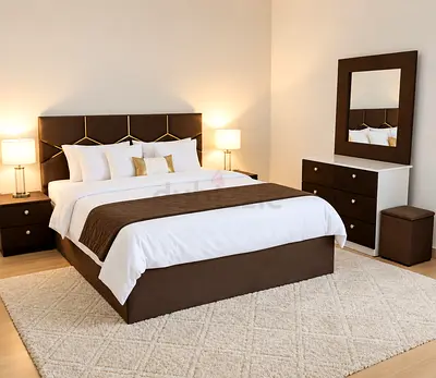 Queen bed frame with headboard, matching dresser and nightstands - brown/white set