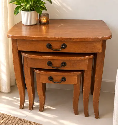 Set of 3 Vintage Wooden Nesting Side Tables with Drawers