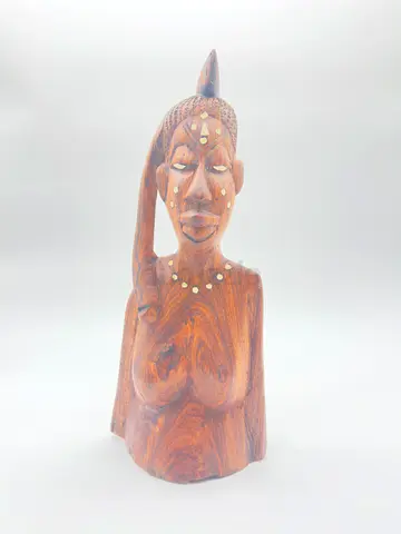 Hand-carved Wooden African Tribal Bust with Inlay Details and tribal matching mask with inlay detail