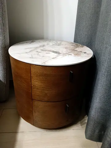 Round Wooden Side Table with Marble Top - 2 Drawers