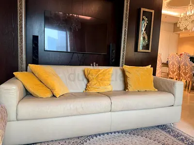 Beige Leather 3-Seater Sofa lagre bed with Yellow Cushions - Good Condition