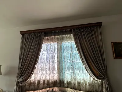Full-length decorative curtain set with lace sheer and wooden pelmet