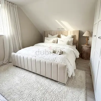Beige Upholstered King Bed with Tall Padded Headboard - Modern Velvet
