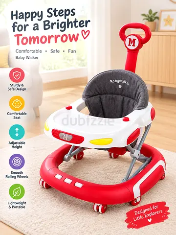 Red Baby Walker with Adjustable Height and Sturdy Back Handle