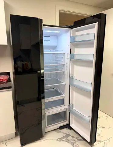Gently used black side-by-side refrigerator — spacious, working well