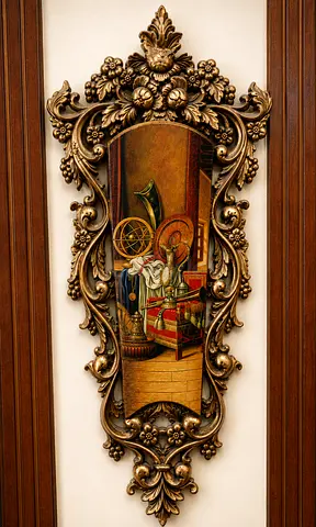 Ornate Vintage-Style Framed Decorative Painting with Gilded Carved Frame