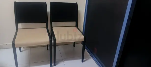 Set of 2 simple metal frame dining chairs with beige seats