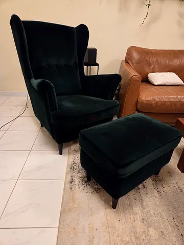 IKEA GREEN VELVET ARMCHAIR WITH FOOTSTOOL
