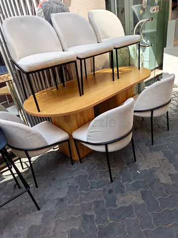Solid Wood Dining Table with 8 Upholstered Chairs - Light Oak Finish