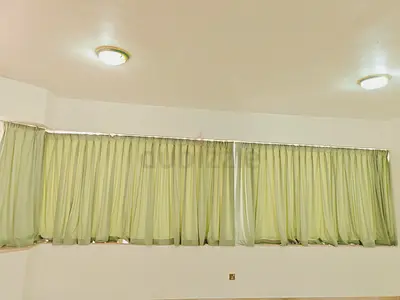 Light green full-length curtains with rod — good condition