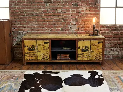 Vintage-style low TV cabinet / media console with newspaper print panels