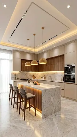 Modern marble kitchen island with pendant lighting and stools - like new