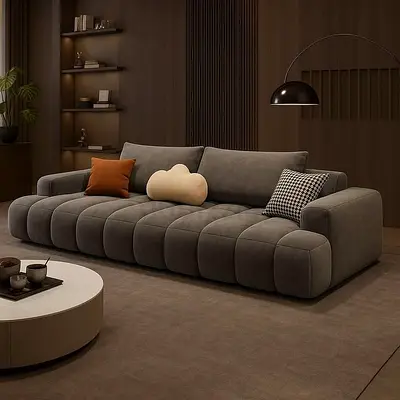 Modern Charcoal Grey Ribbed Low Profile Sofa