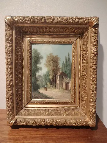 Framed Vintage Oil Painting of Countryside Cottage with Ornate Gilt Frame