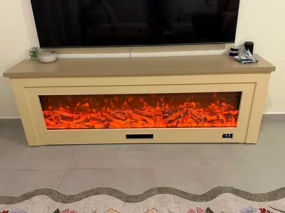 Wooden TV Console with Built-in Electric Fireplace - Beige