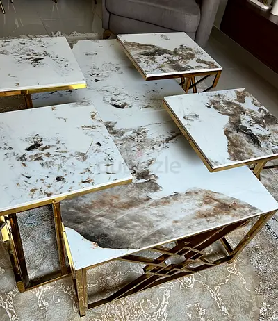Set of 4 Marble-Top Nesting Coffee/Side Tables with Gold Frames
