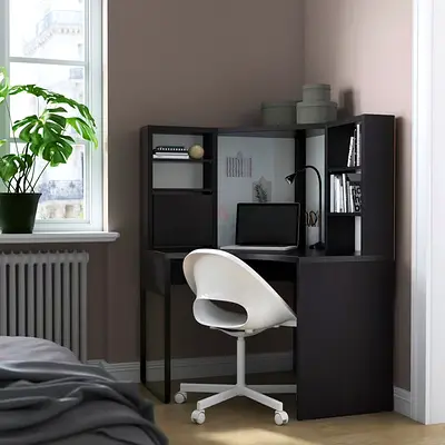 Compact corner study desk with shelving – dark wood finish