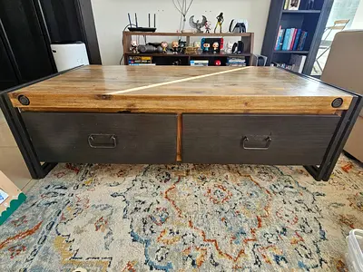 Industrial Solid Wood & Iron Coffee Table — 4 Storage Drawers (135cm)
