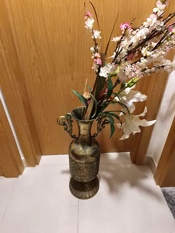 Tall Decorative Antique-Style Floor Vase with Floral Arrangement