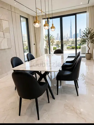 Marble Top Dining Table with 6 Black Upholstered Chairs - Excellent Condition