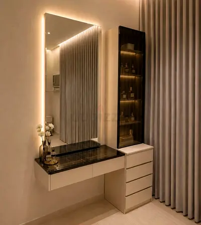 Wall-mounted vanity dressing table with mirror and glass display cabinet