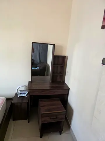 Dark Wood Vanity Table with Mirror, Stool and Side Storage - Good Condition