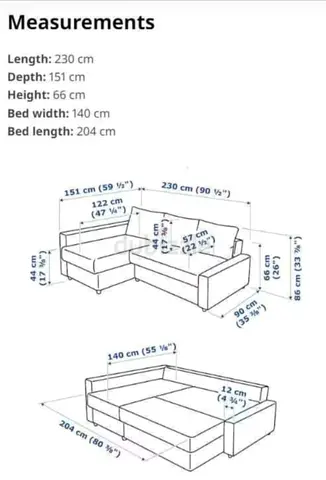 L-shaped sofa bed (convertible) - good condition, measurements included, 600 aed
