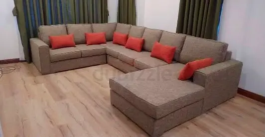 Large L-shaped Fabric Corner Sofa with Chaise - Beige/Grey