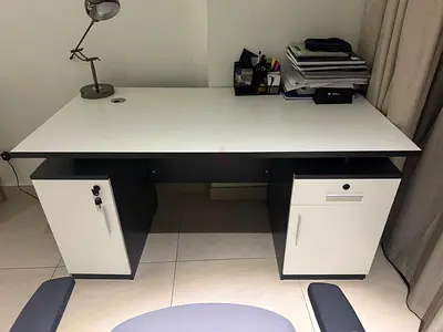 White and black office desk with storage cabinets - good condition