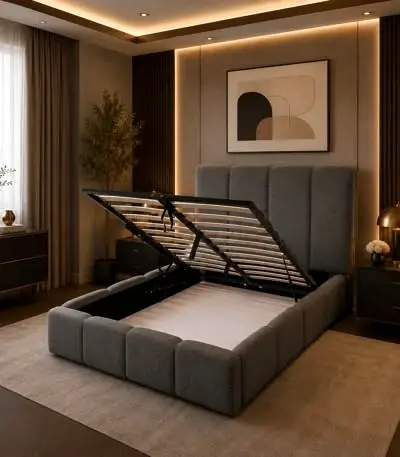 Grey Upholstered Ottoman Storage Bed with Headboard - King/Queen (see details)
