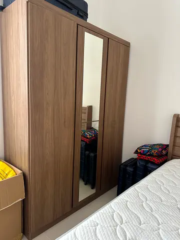 3-door wooden wardrobe with center mirror - good condition