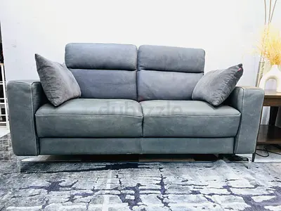 Modern Grey Leather 2-Seater Sofa with Chrome Legs