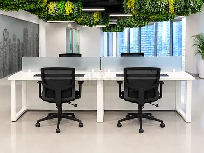Complete 4-Person Open Office Cubicle Desk Pod & Ergonomic Chair Set