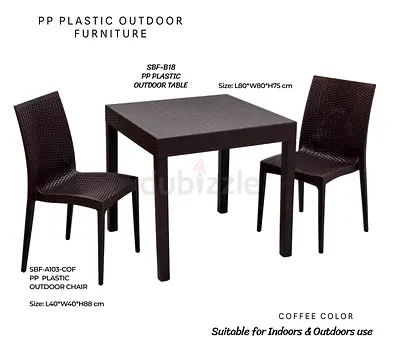 PP Plastic Outdoor Dining Table with 2 Chairs - Coffee Color