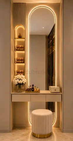 Built-in Vanity Mirror with LED Lighting and Stool