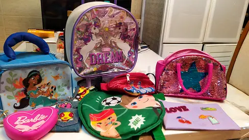 Lot of 7 Kids' Backpacks & Lunchbags — Unicorn, Barbie, Princess Themes, Good Condition