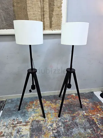 Pair of Modern Tripod Floor Lamps with White Shades