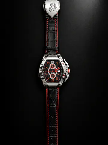 Men's sporty black leather strap chronograph watch with red accents