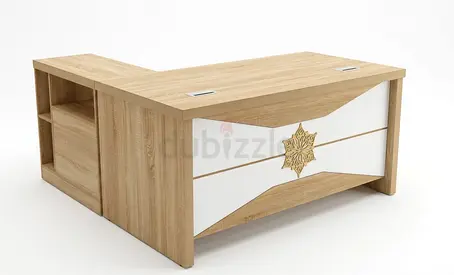 L-shaped executive office desk with storage - light oak finish