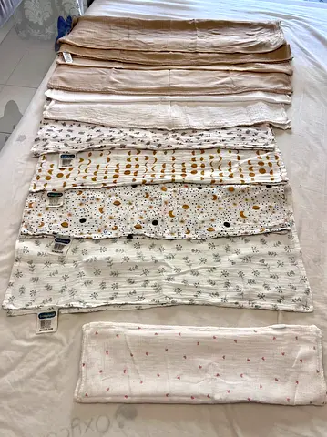 Set of 12 Muslin Baby Swaddle/Blanket Cloths - Light Neutral Prints 100% Cotton from dm Austria