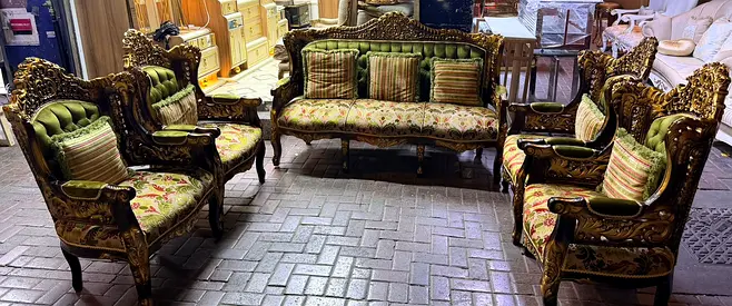 Ornate Carved Wooden Sofa Set with 3-Seater and 4 Armchairs