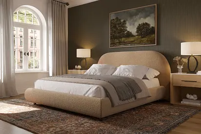 Soft corner design thick warm beige boucle queen bed