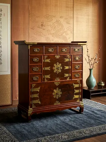 Solid Wood Korean/Hanok Style Brass-Accented Chest of Drawers