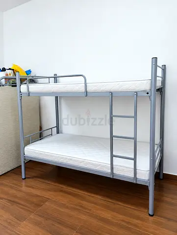 Metal Bunk Bed Frame with Two Mattresses - Silver, Good Condition