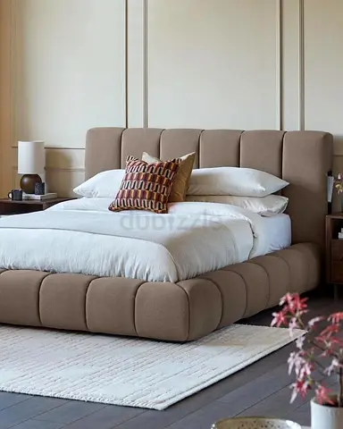 Custom made Modern upholstered platform bed with padded headboard