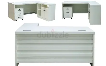 L-shaped White Office Desk with Drawers and Cabinet