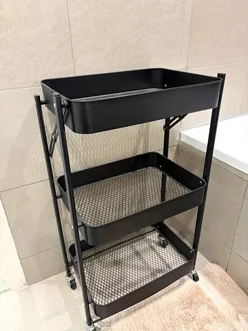 Black Metal 3-Tier Utility Trolley on Wheels - Good Condition