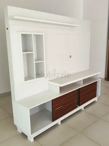 Modern White Entertainment Center with Wood Accents
