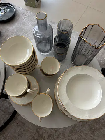 Collection of Dinnerware and Glassware with Gold Rim