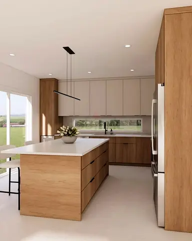 Modern wooden kitchen island with built-in storage and breakfast counter